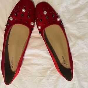 Red Embellished Pearl Ballet Flats -